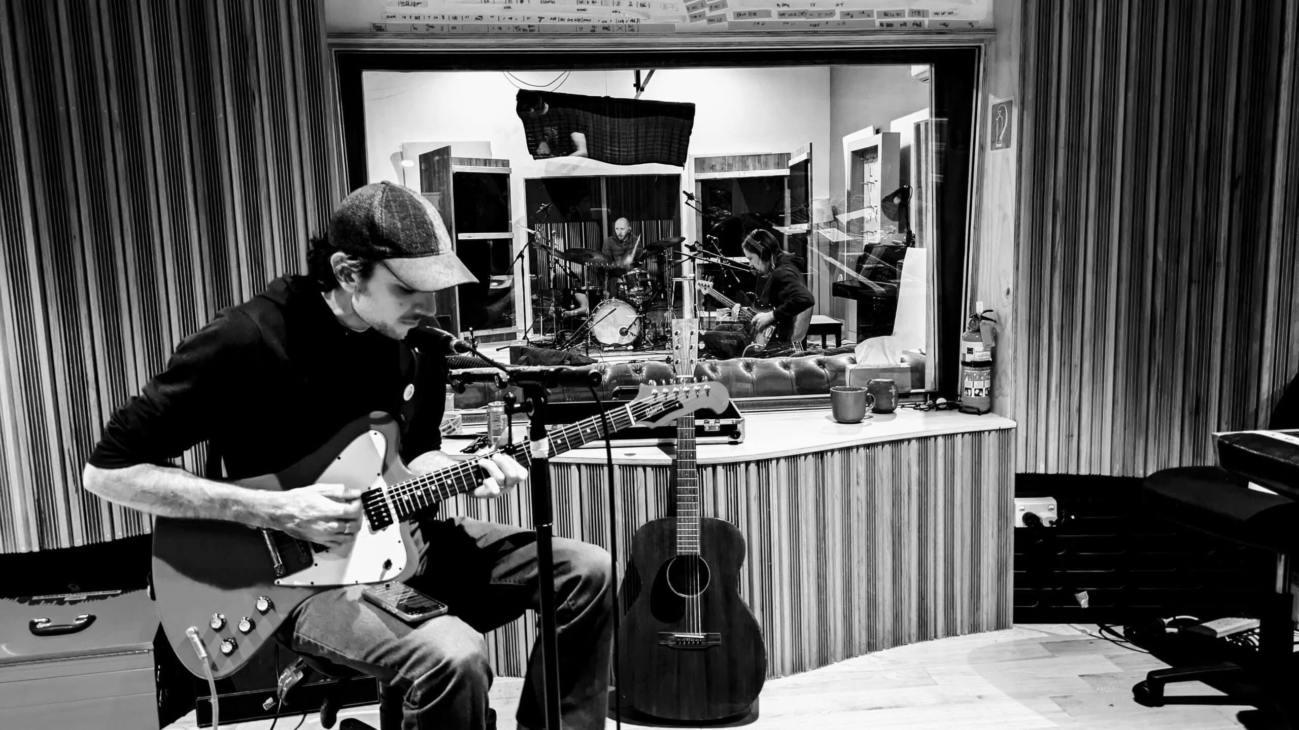 Cahill Kelly, Andrew Braidner and Lain Pocock during a Moreish Studios production session.